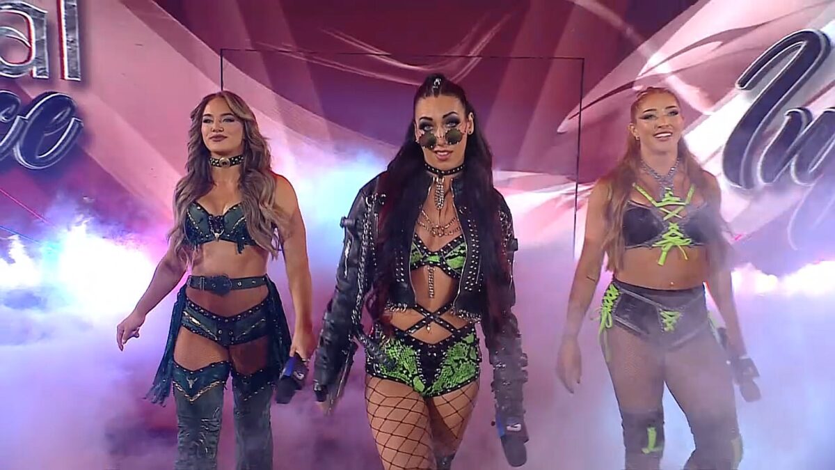 Fallon AHenley, Jacy Jayne, and Lainey Reid making their debut entrance on WWE SmackDown